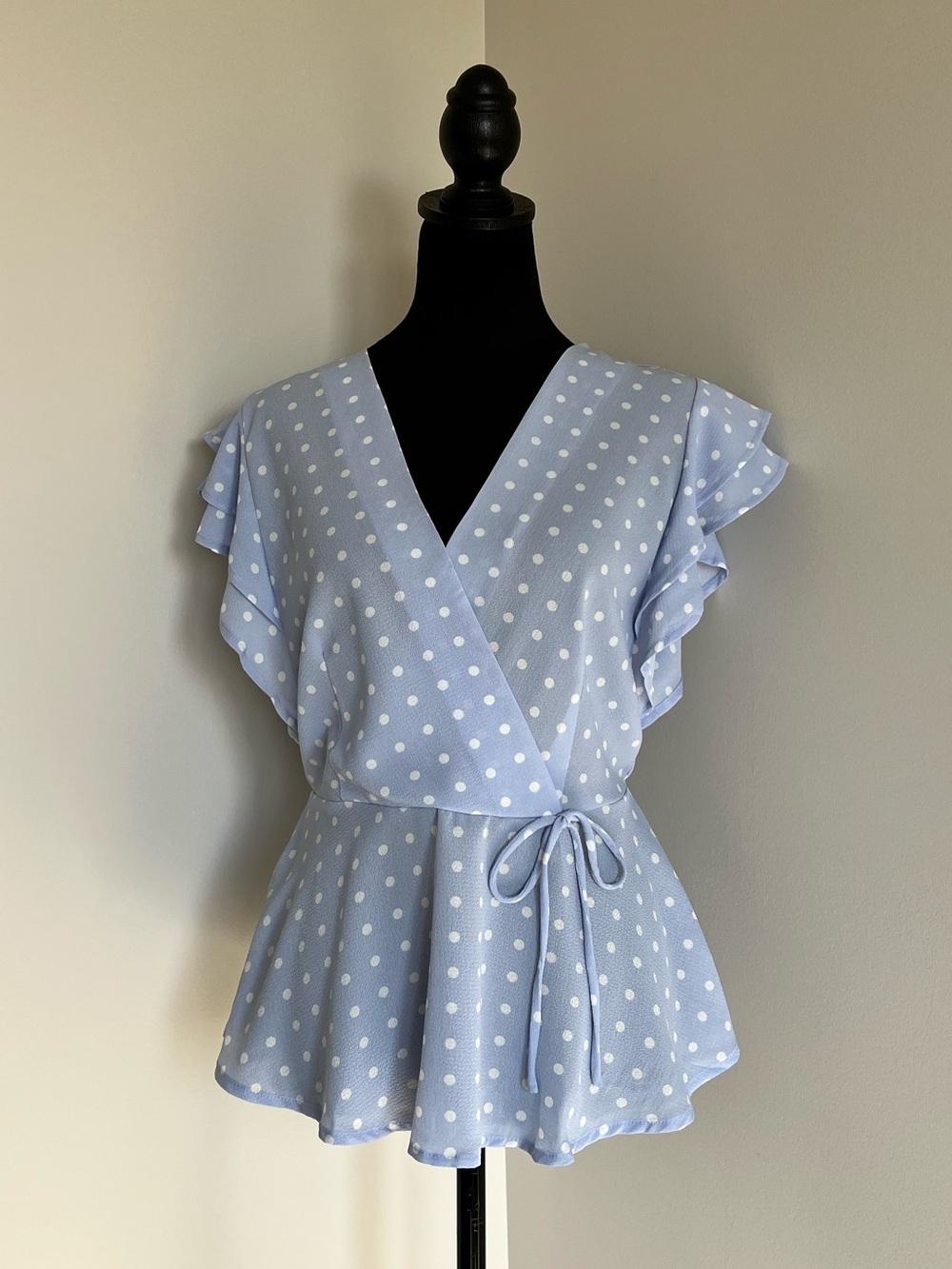 Monteau Light Blue Polka Dot Blouse - Ruffle Sleeves Bow Accent